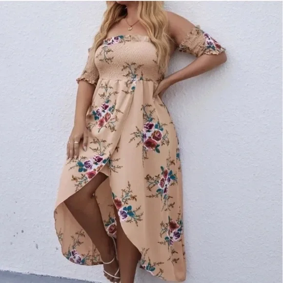 Boho Plus Floral Print Off Shoulder Cottagecore Dress - Picture 13 of 14